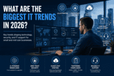 IT professional monitoring cybersecurity, AI automation, cloud management, compliance, and managed IT services dashboards representing the biggest IT trends shaping small and mid-size businesses in 2026.